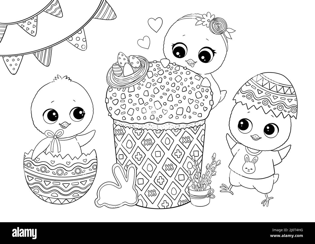 Disegno colorito di pollo di Pasqua, bianco e nero Foto Stock