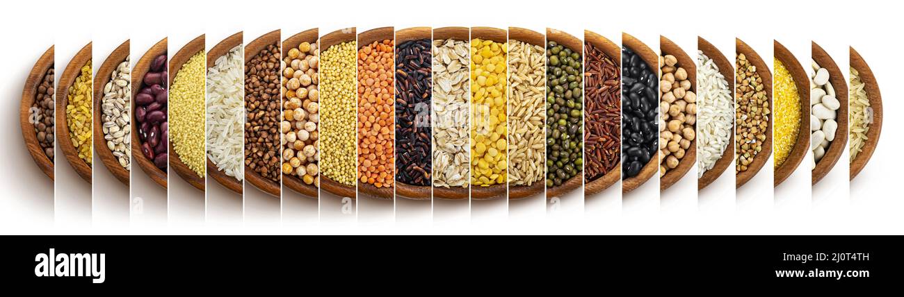 Collage di cibo. Cereali, cereali e semi, vista dall'alto Foto Stock