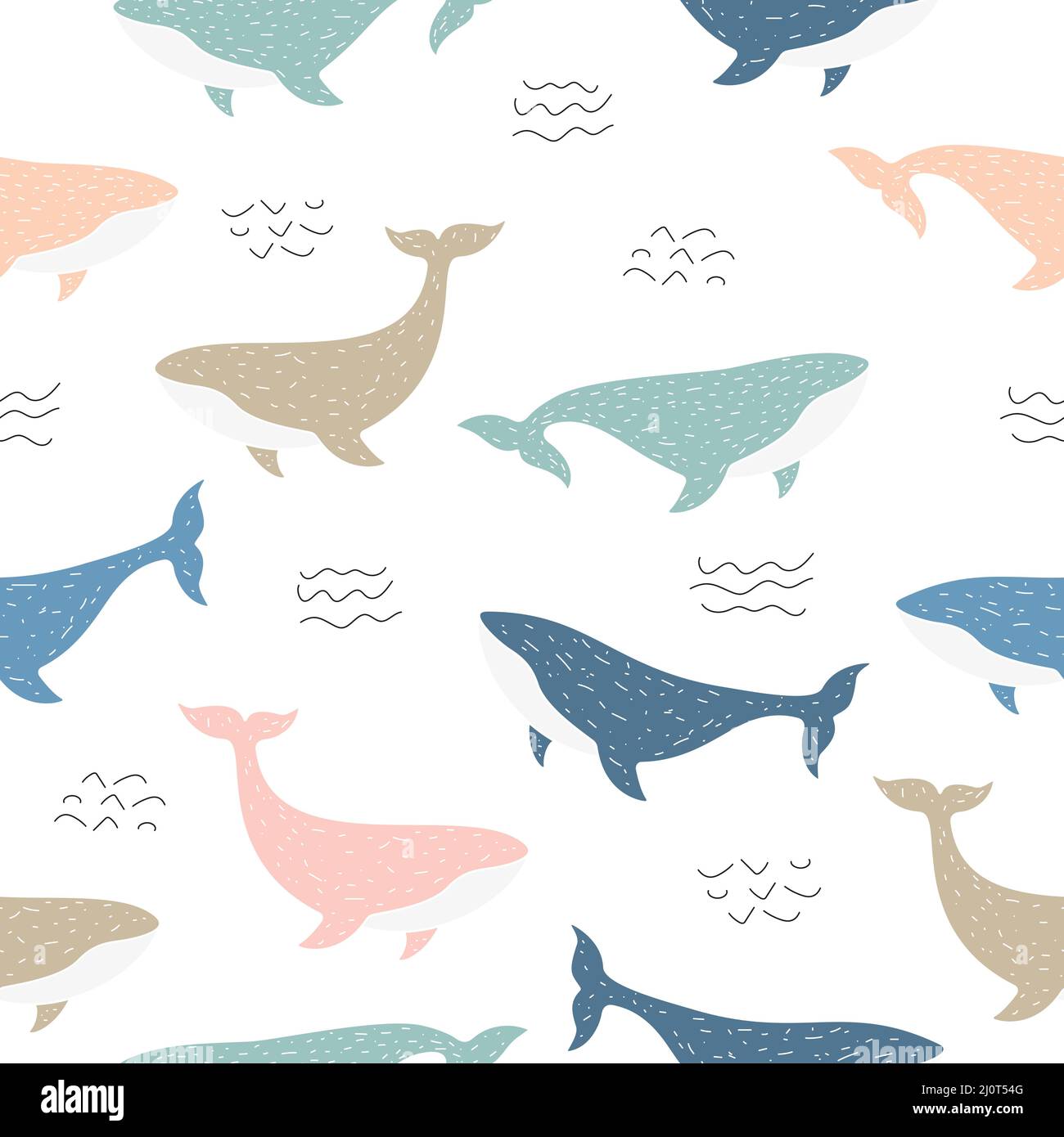 Avvistamento di balene senza giunture infantile. Simpatico modello per bambini con animali dell'oceano in stile scandinavo. Illustrazione Vettoriale