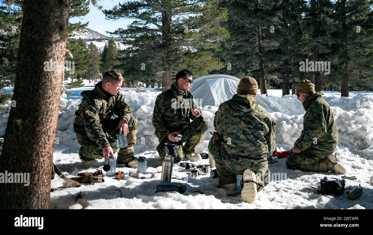 I Marines degli Stati Uniti con 3D battaglione, 3D Marines, 3D Marine  Division filtrano l'acqua al Mountain Warfare Training Center, Bridgeport,  California, 20 gennaio 2022. 3/3 ha condotto l'addestramento di  sopravvivenza di