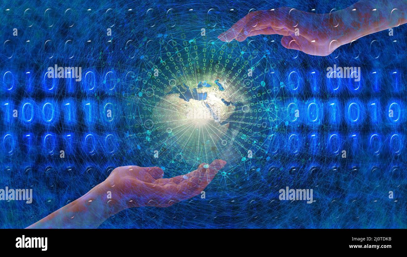 Le mani salvano i dati del globo nella sicurezza informatica con simboli zero e uno, sicurezza informatica, crittografia dei dati, digitalizzazione del concetto mondiale Foto Stock