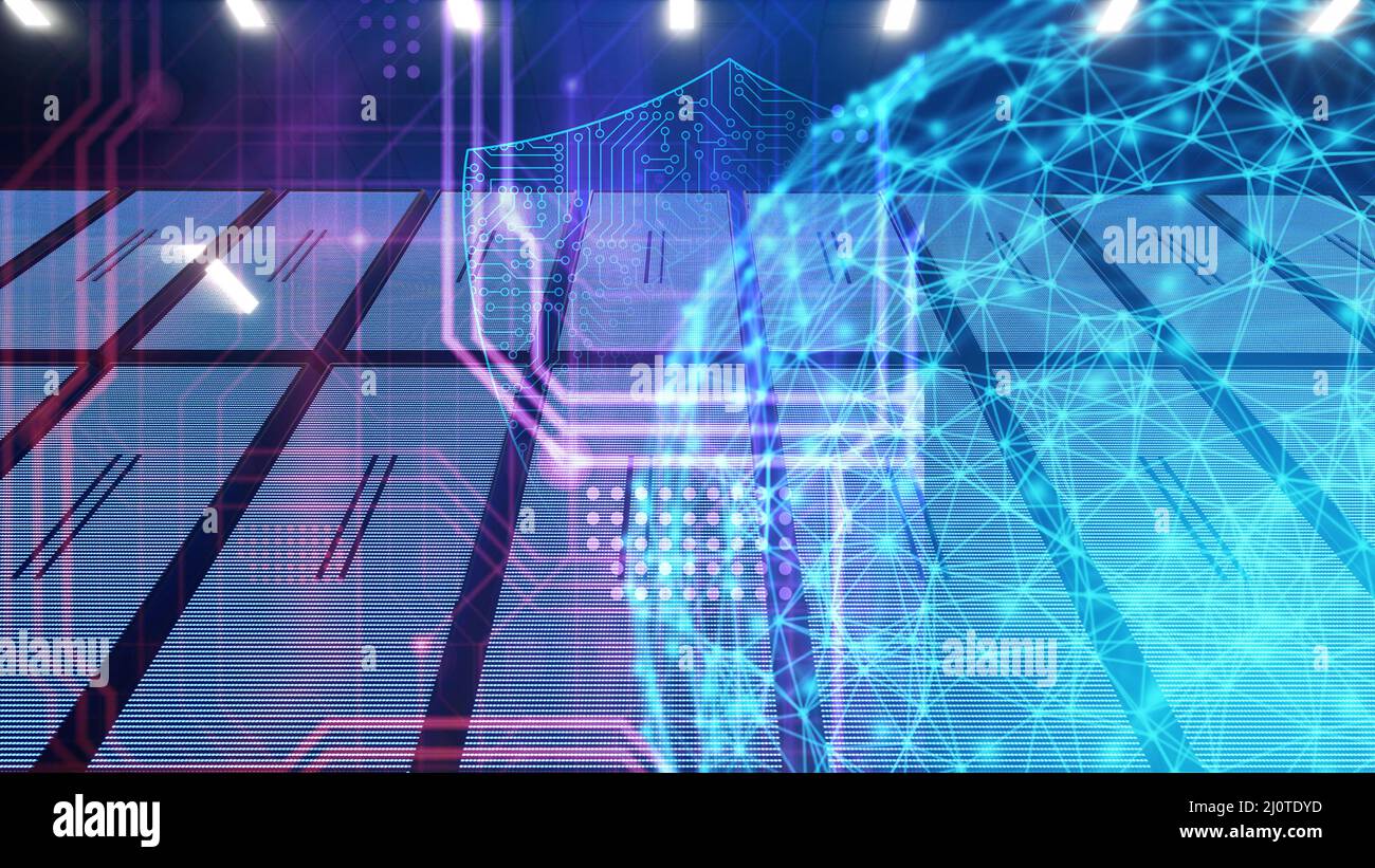 Connettività dei dati con protezione di sicurezza su cyberspazio, big data, trasformazione dei dati, concetto di sicurezza informatica Foto Stock
