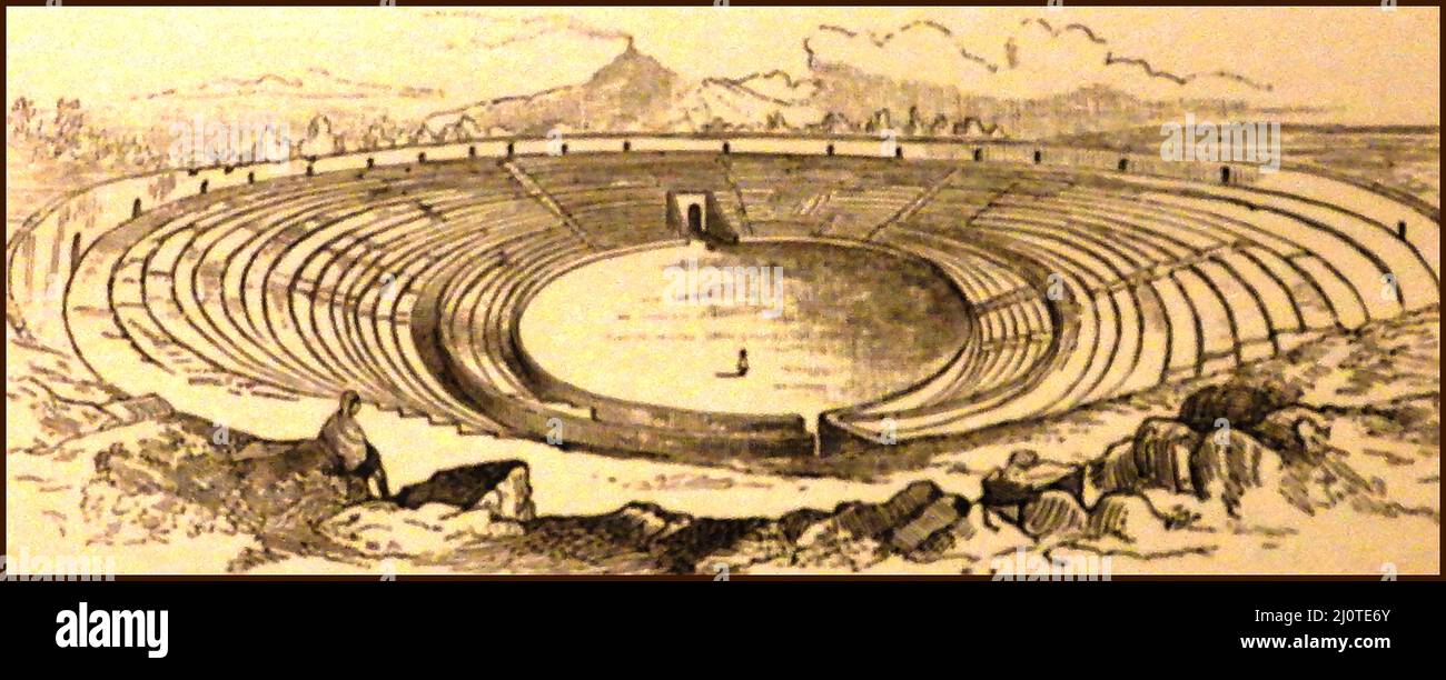 Uno schizzo del 19th secolo dell'anfiteatro (spettacolare) di Pompei / Pompei (con il fumo del Vesuvio sullo sfondo) come era allora, scoperto sepolto sotto i 4 - 6 m (13 - 20 ft) Di cenere vulcanica e pomice da quando il Vesuvio eruttò nel 79 d.C. Costruito intorno al 70 a.C., l'anfiteatro è uno dei più antichi anfiteatro romani in pietra ad essere sopravvissuto e si dice che sia stato costruito utilizzando i fondi privati di Gaius Quinctius valgo e Marcus Porcius. Fu danneggiata da un terremoto nel 62 d.C. ma fu restaurata da un magistrato Cuspius Pansa e suo figlio. Foto Stock