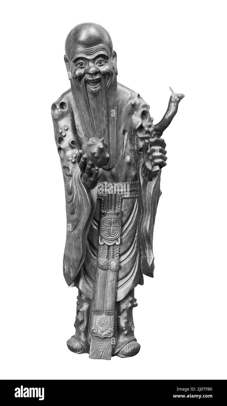 Statua in legno del giappone Dio fortunato, Dio di prolungare la longevità della vita Fukurokuju isolato su sfondo bianco Foto Stock