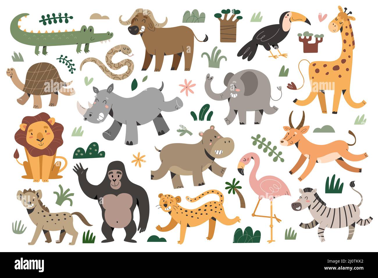 Collezione di animali africani, giraffa sorridente, zebra jumping e elefante ridente, giungla e animali safari con espressioni facciali Illustrazione Vettoriale