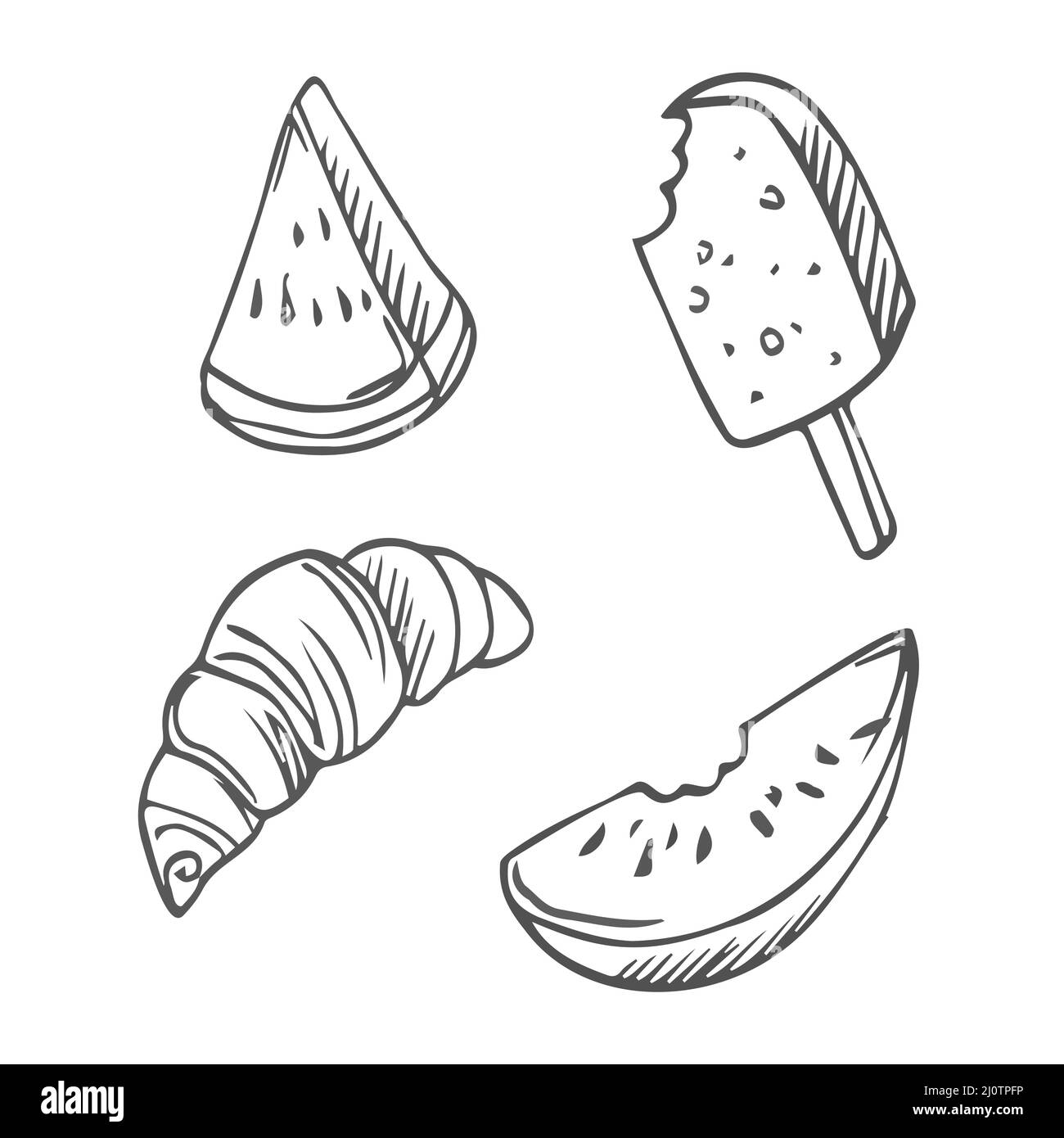 Illustrazione vettoriale del set di cibo di strada, barbatella di disegno a mano. Croissant, gelato e fetta di cocomero isolato Illustrazione Vettoriale