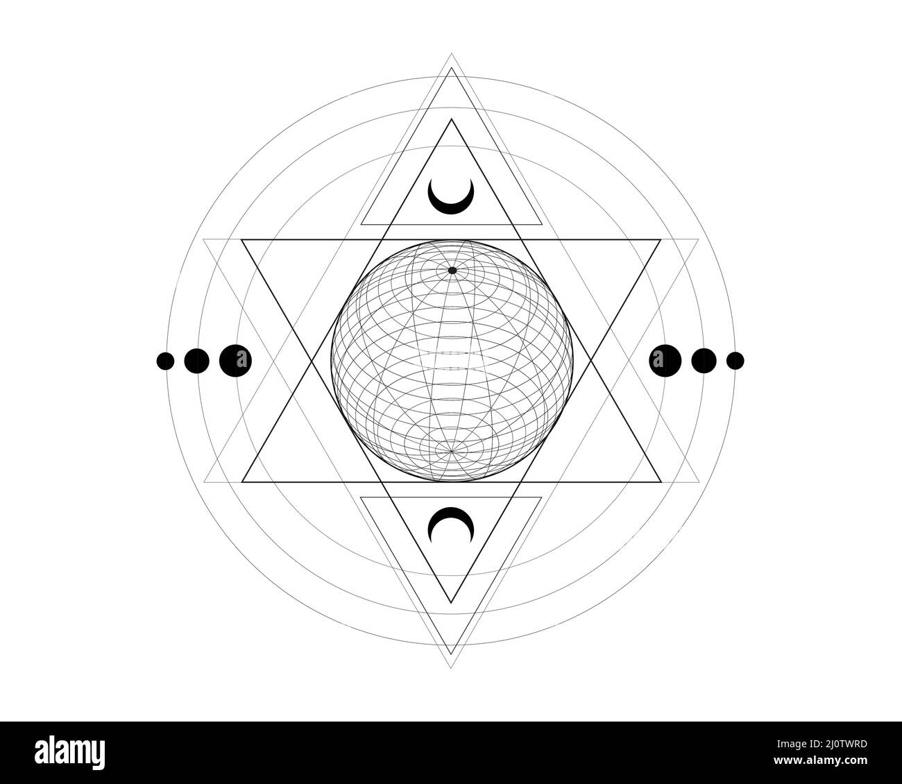 Simbolo della geometria sacra mistica. Alchimia sfera a reticolo magica, occulto, segno filosofico. Per copertine di album musicali, poster, design sacramentale Illustrazione Vettoriale