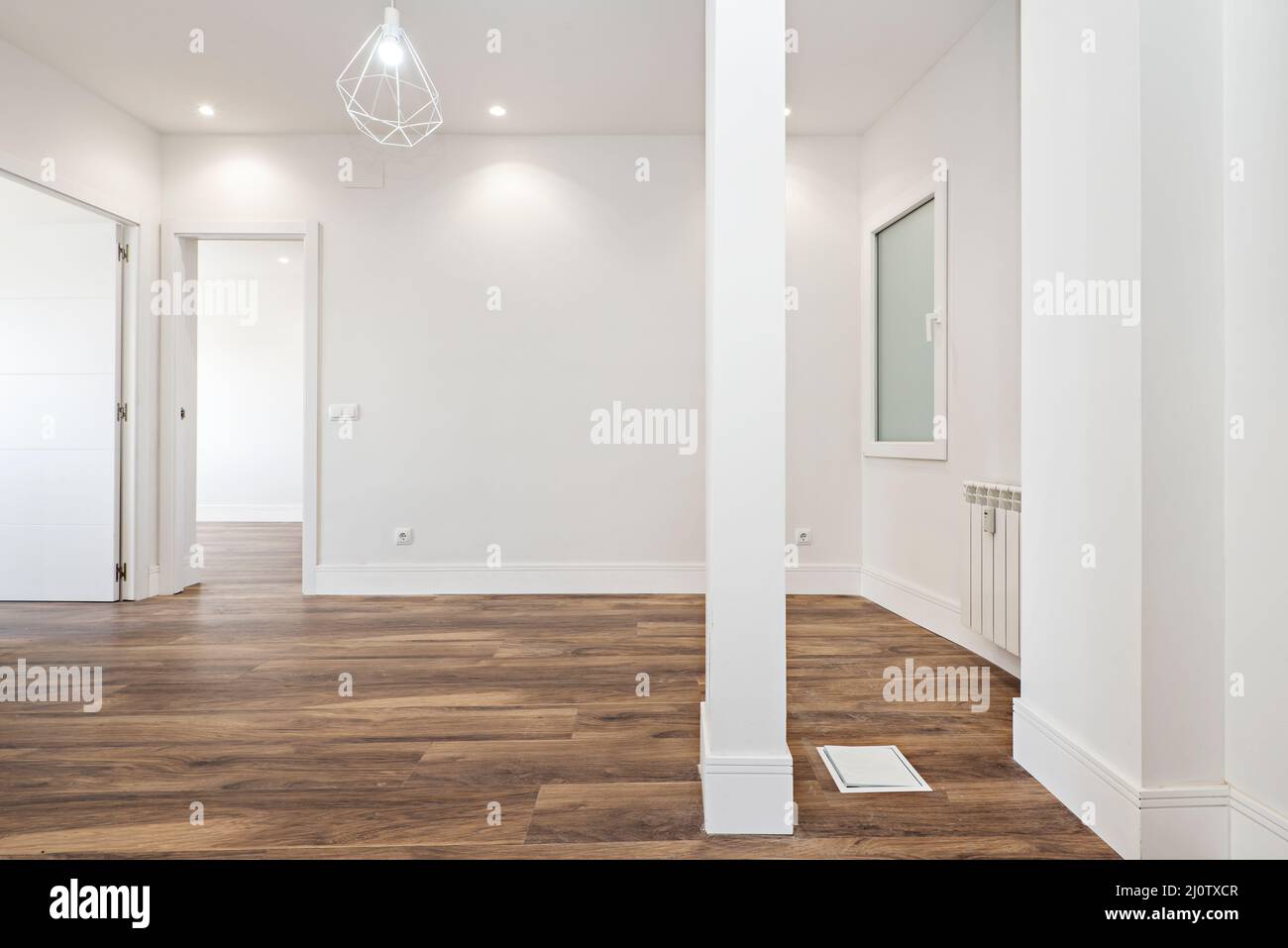 soggiorno vuoto di un appartamento recentemente ristrutturato con spazi aperti, una colonna di corrispondenza e la sala da pranzo con pavimenti in legno di castagno, alluminio bianco Foto Stock