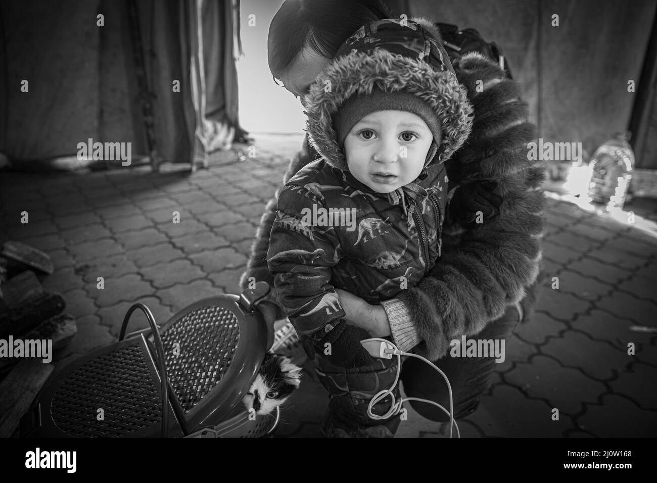 Dnipro, Ucraina - 12 marzo 2022 stazione ferroviaria, aiuti, rifugiati, coda, persone, famiglie, madre, bambino, paura, lacrime, gatto, animale, attesa, umanitario Foto Stock
