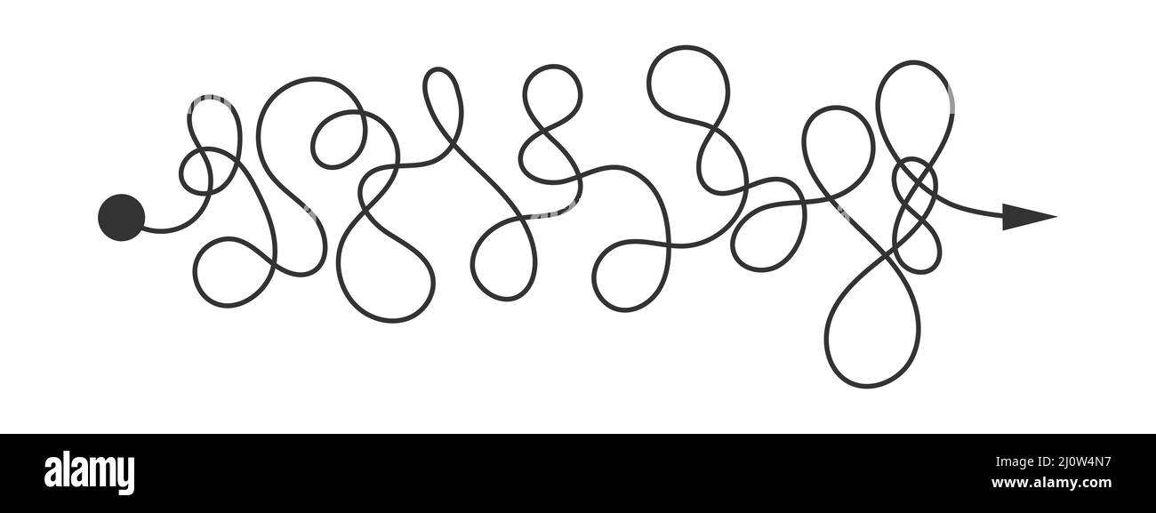 Linea curva con punto iniziale e freccia di direzione. Modo difficile, percorso caos, percorso difficile simbolo isolato su sfondo bianco. Illustrazione grafica vettoriale. Illustrazione Vettoriale