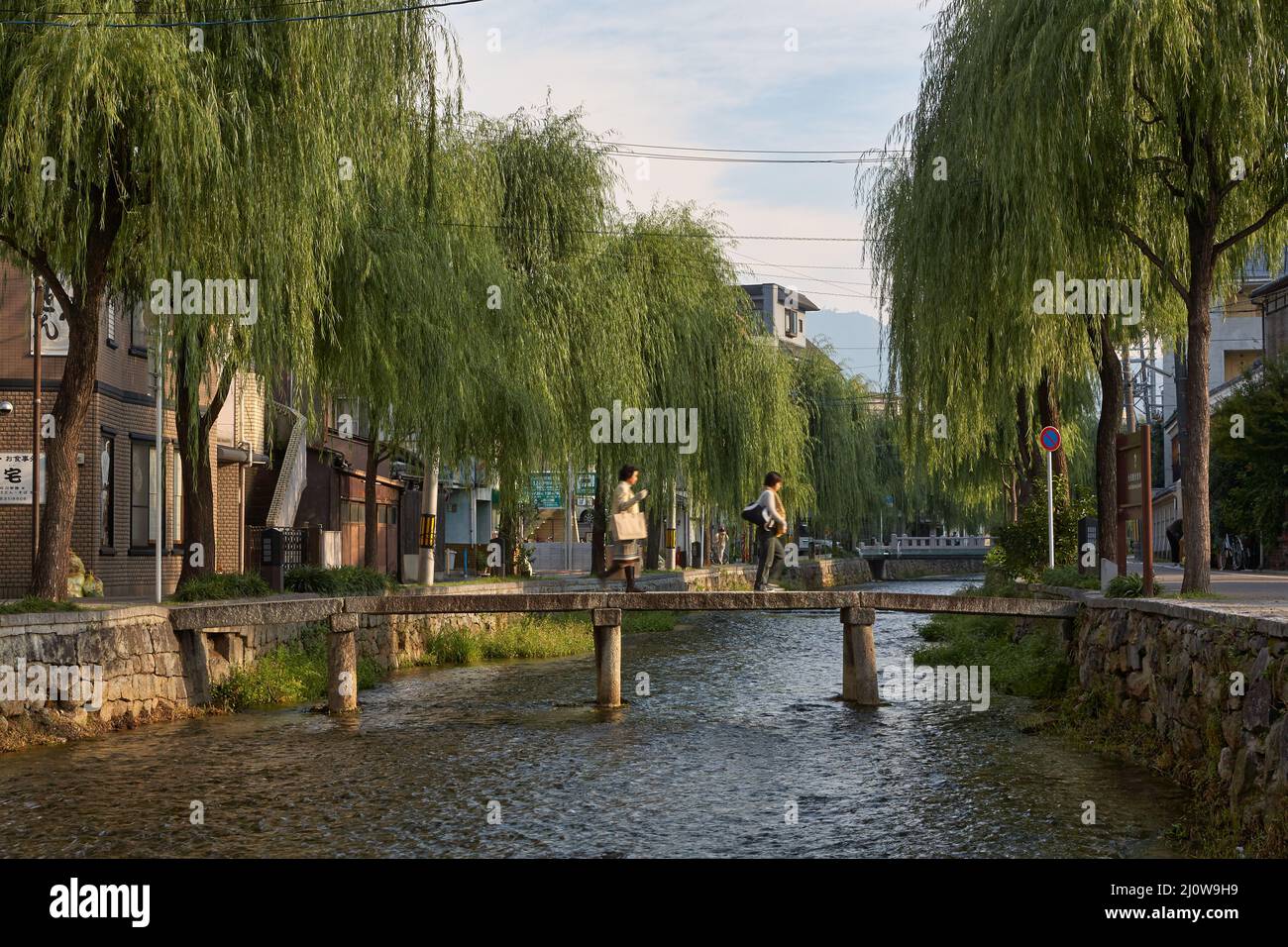 La vista del ponte di pietra sul canale di Shirakawa fiancheggiato da alberi di salice. Kyoto, Giappone Foto Stock