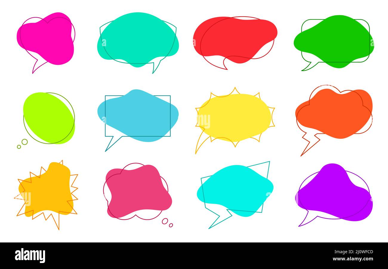 Speech Bubble Liquid Shape colore line frame set piatto. Fumetto fumetto fumetto per testo. Adesivo cartoon post processo utente parlare idea. Etichetta web banner meditazione icona commento discussione Illustrazione Vettoriale