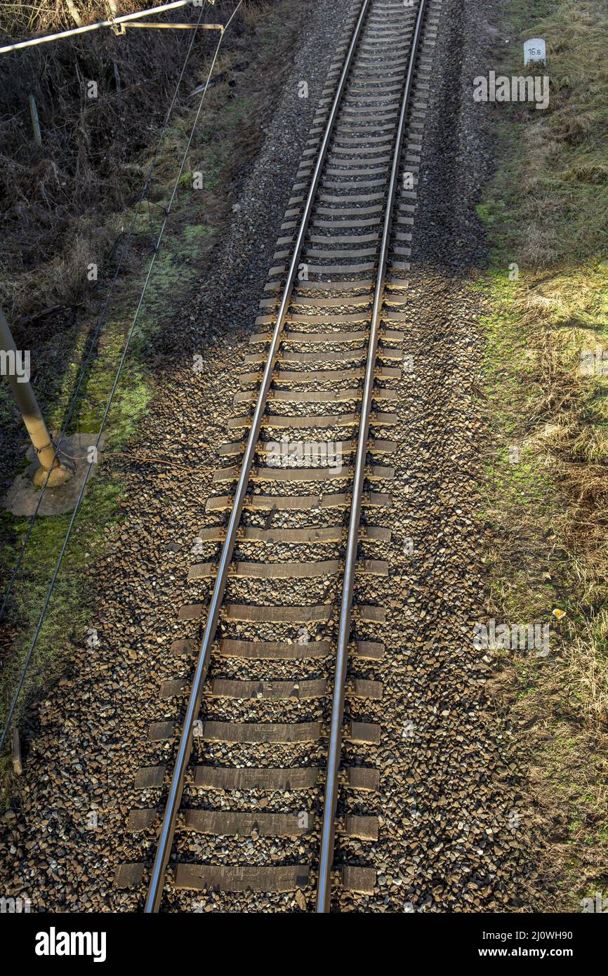 Linea ferroviaria a binario singolo. Linea ferroviaria a senso unico vuota e diritta in giornata di sole. Foto Stock