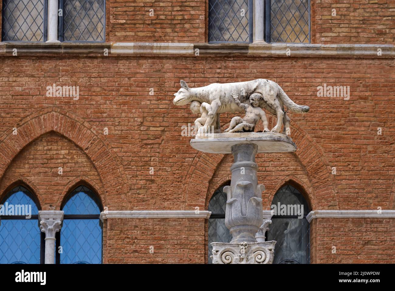 SIENA, TOSCANA, ITALIA - MAGGIO 18 : lupo con i bambini Romolo e Remo vicino alla Cattedrale di Siena, Toscana, Italia il 18 maggio Foto Stock