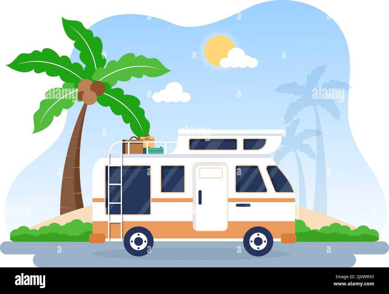 Illustrazione di fondo dell'automobile del camping con la tenda, automobile del camper e apparecchiatura per la gente sui giri o sulle vacanze di avventura nella spiaggia Illustrazione Vettoriale