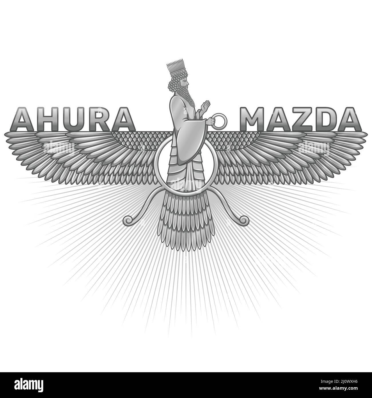 Zoroastrianesimo disegno vettoriale, simbolo del Faravahar dove mostra Ahura Mazda di colore argento. Illustrazione Vettoriale
