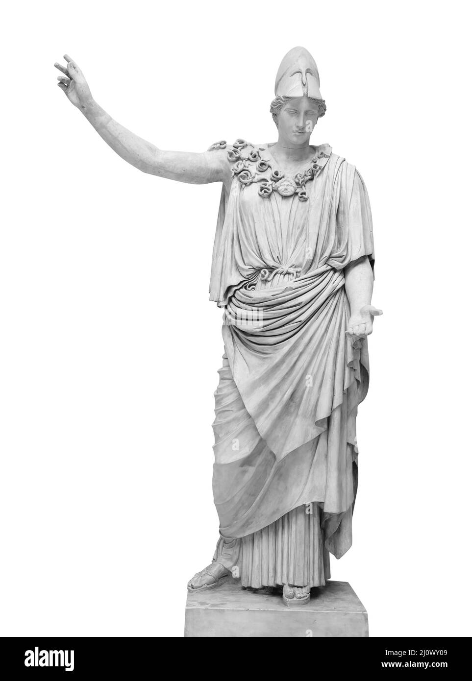 Antica statua greca romana della dea Atena dio della saggezza e le arti scultura storica isolata su bianco con picchiettio Foto Stock