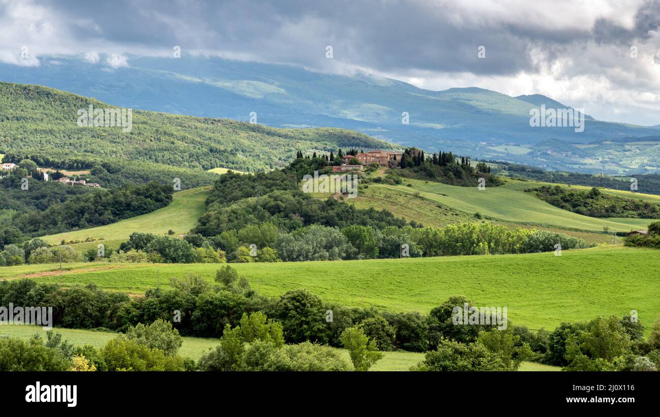 PIENZA, TOSCANA, ITALIA - MAGGIO 20 : paesaggio verdeggiante e antica casa colonica in Toscana il 20 Maggio 2013 Foto Stock
