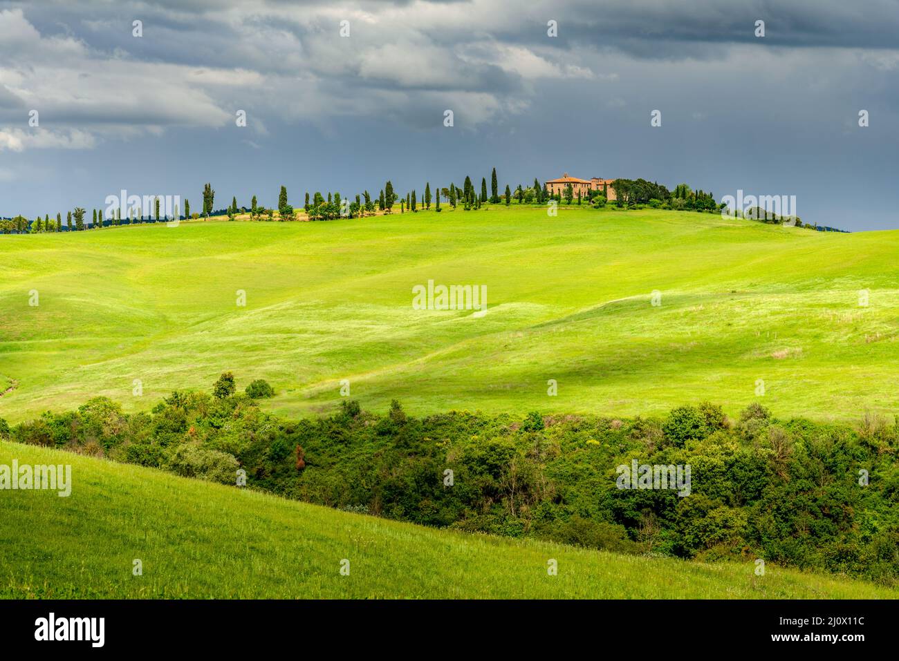 PIENZA, TOSCANA, ITALIA - MAGGIO 20 : paesaggio verdeggiante e casale in Toscana il 20 Maggio 2013 Foto Stock