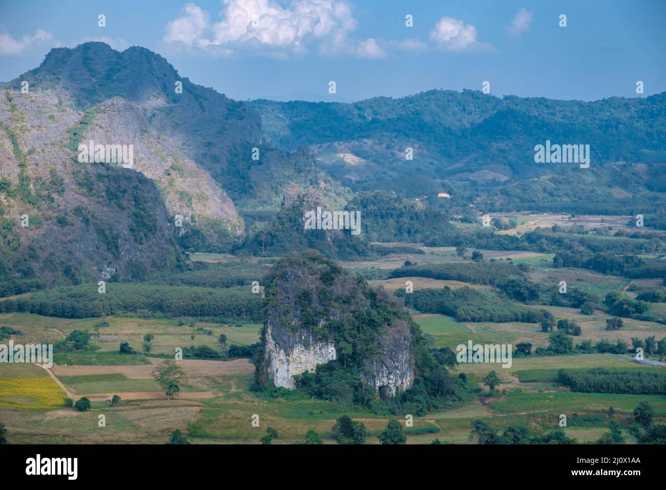 Phu Langka durante l'alba Thailandia del Nord in montagna, mattina vista paesaggio del parco della foresta di montagna Phu Langka in Phaya Foto Stock