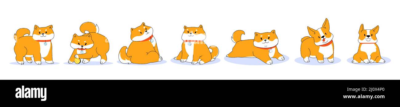 Felice shiba inu cane personaggio cartoon in diverse pose. Simpatico ritratto divertente animale domestico, rosso-capelli giapponese cane stand, sdraiato, giocare con la palla, seduta. Simbolo Dogecoin, illustrazione vettoriale piatta Line art Illustrazione Vettoriale