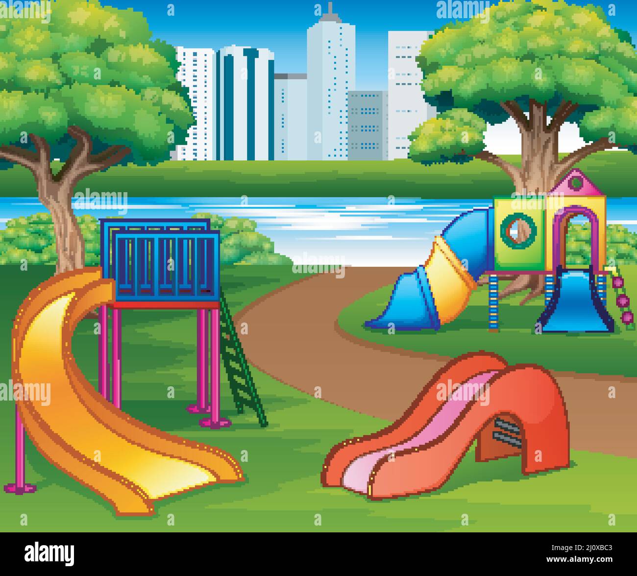 Parco giochi per bambini Cartoon Urban Park sullo sfondo della natura Illustrazione Vettoriale