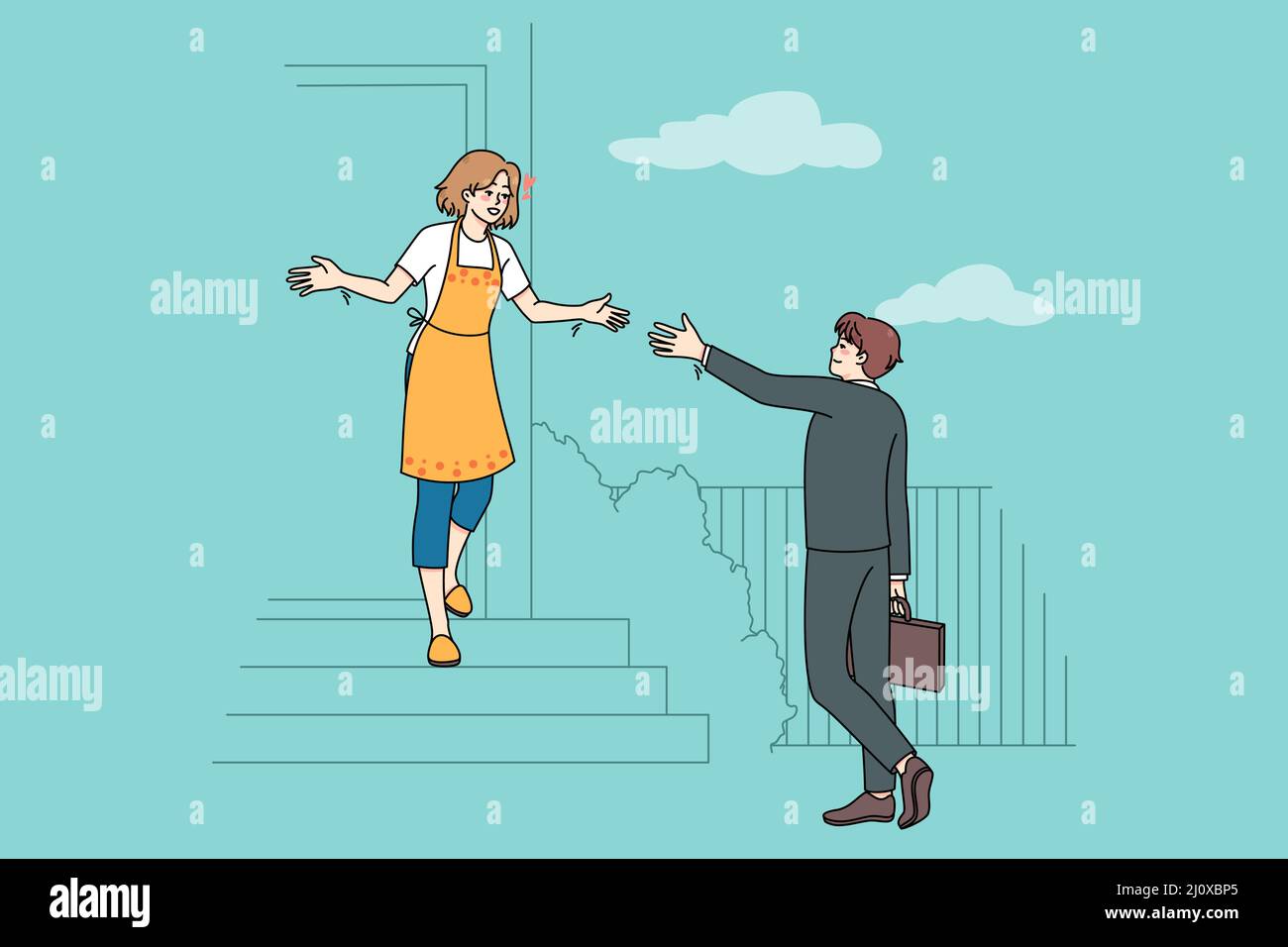 Donna felice stand su scale incontrare marito che viene a casa dal lavoro. Una casalinga sorridente accoglie l'amante dell'uomo nella propria bella casa. Coppia e famiglia relazione. Illustrazione vettoriale. Illustrazione Vettoriale