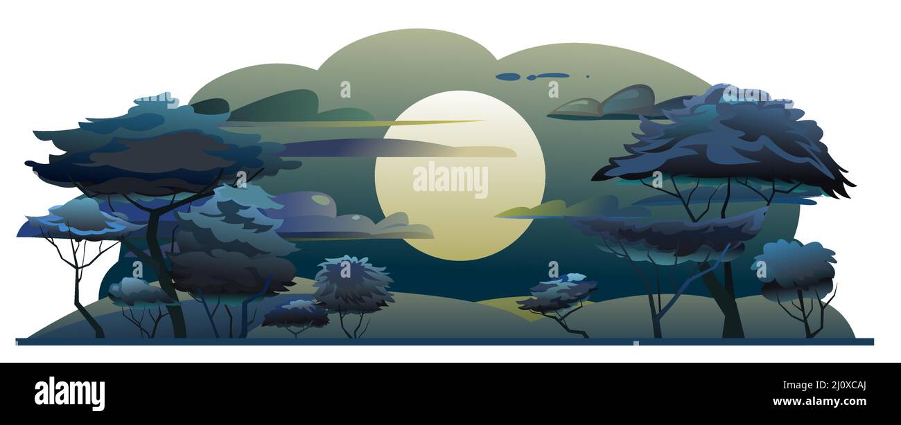 Luna di notte Africa. Bellissimo paesaggio scuro. Scena con sabbia e piante. Savannah nel deserto. Alberi africani di acacia. Vettore. Illustrazione Vettoriale Luna di notte Africa. Bellissimo paesaggio scuro. Scena con sabbia e piante. Savannah nel deserto. Alberi africani di acacia. Vettore. Illustrazione Vettoriale