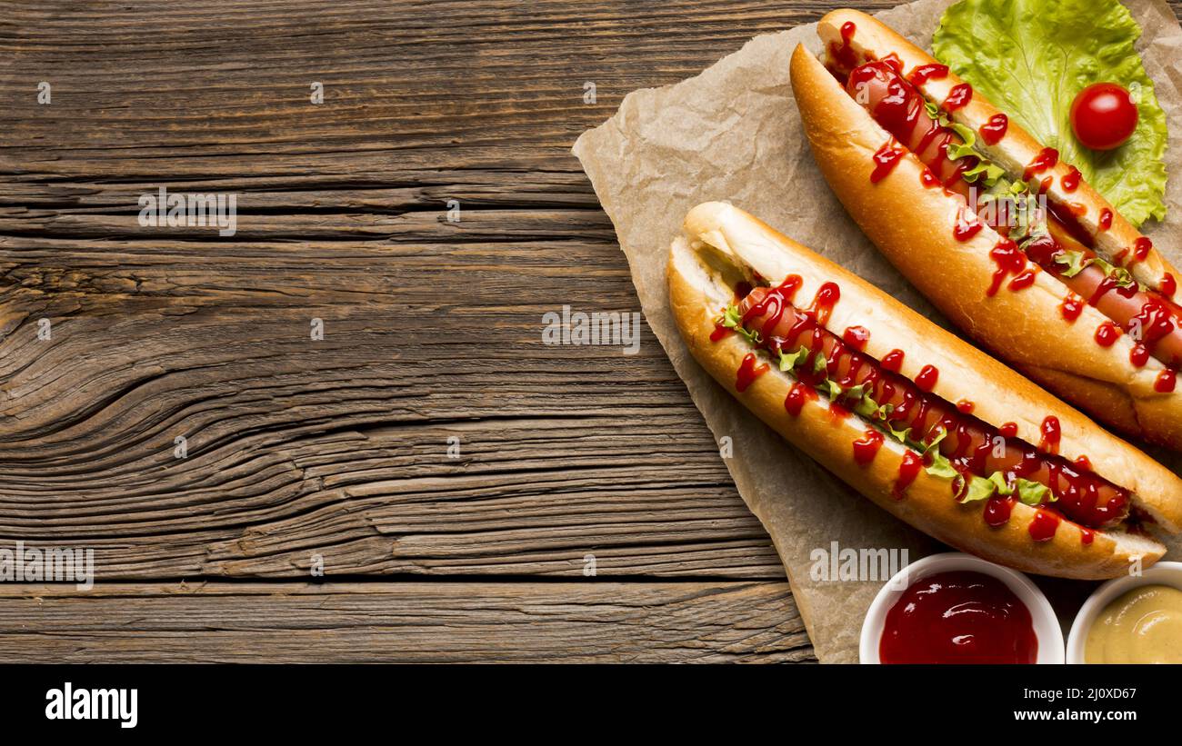 Hot dog saporiti con spazio copia. Concetto di foto di alta qualità Foto Stock