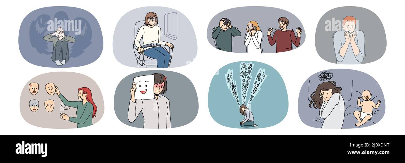 Un gruppo di persone spaventate e diverse si sentono terrorizzate e soffrono di attacchi di panico. La raccolta di uomini e donne lotta con ansia e paura, hanno problemi mentali psicologici. Illustrazione vettoriale. Illustrazione Vettoriale
