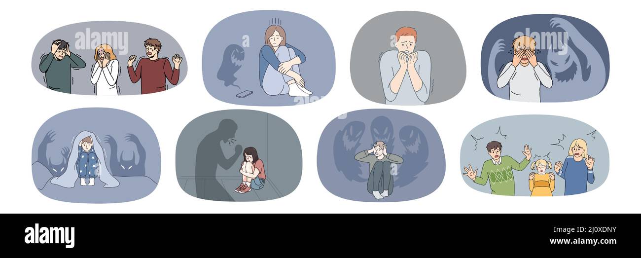 Insieme di persone terrorizzate spaventato incapace di controllare le emozioni. La raccolta di uomini e donne spaventati sentono paura e shock, soffrono di bullismo o problemi mentali psicologici. Illustrazione vettoriale. Illustrazione Vettoriale