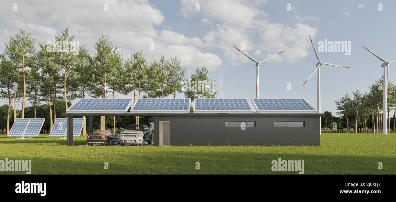 3d casa con pannelli solari. Concetto di foto di alta qualità Foto Stock