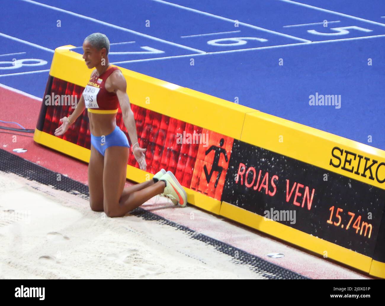 Yulimar ROJAS di Vénézuela Final Triple Jump Donne durante i Campionati mondiali di atletica indoor 2022 il 19 marzo 2022 alla Stark Arena di Belgrado, Serbia. Foto di Laurent Lairys/ABACAPRESS.COM Foto Stock
