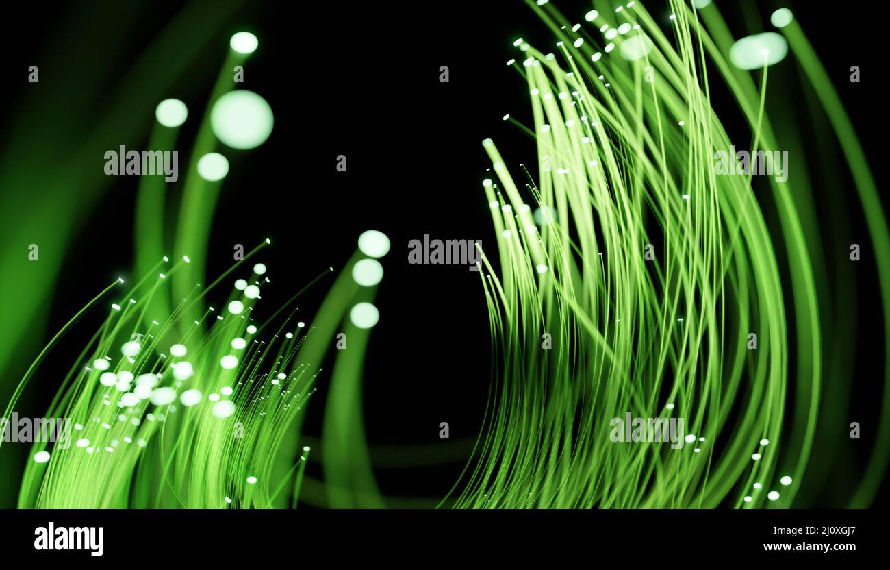 Fibra ottica con luce verde brillante Foto Stock