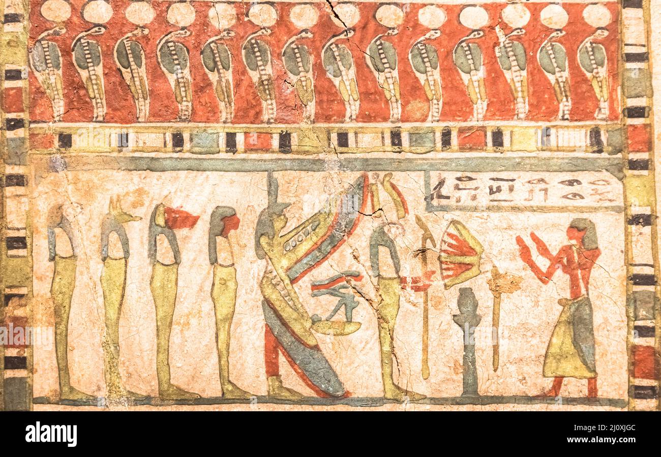 Archeologia egiziana. Antico geroglifico, ca. 580 a.C., con Iside e i quattro figli di Horus Foto Stock