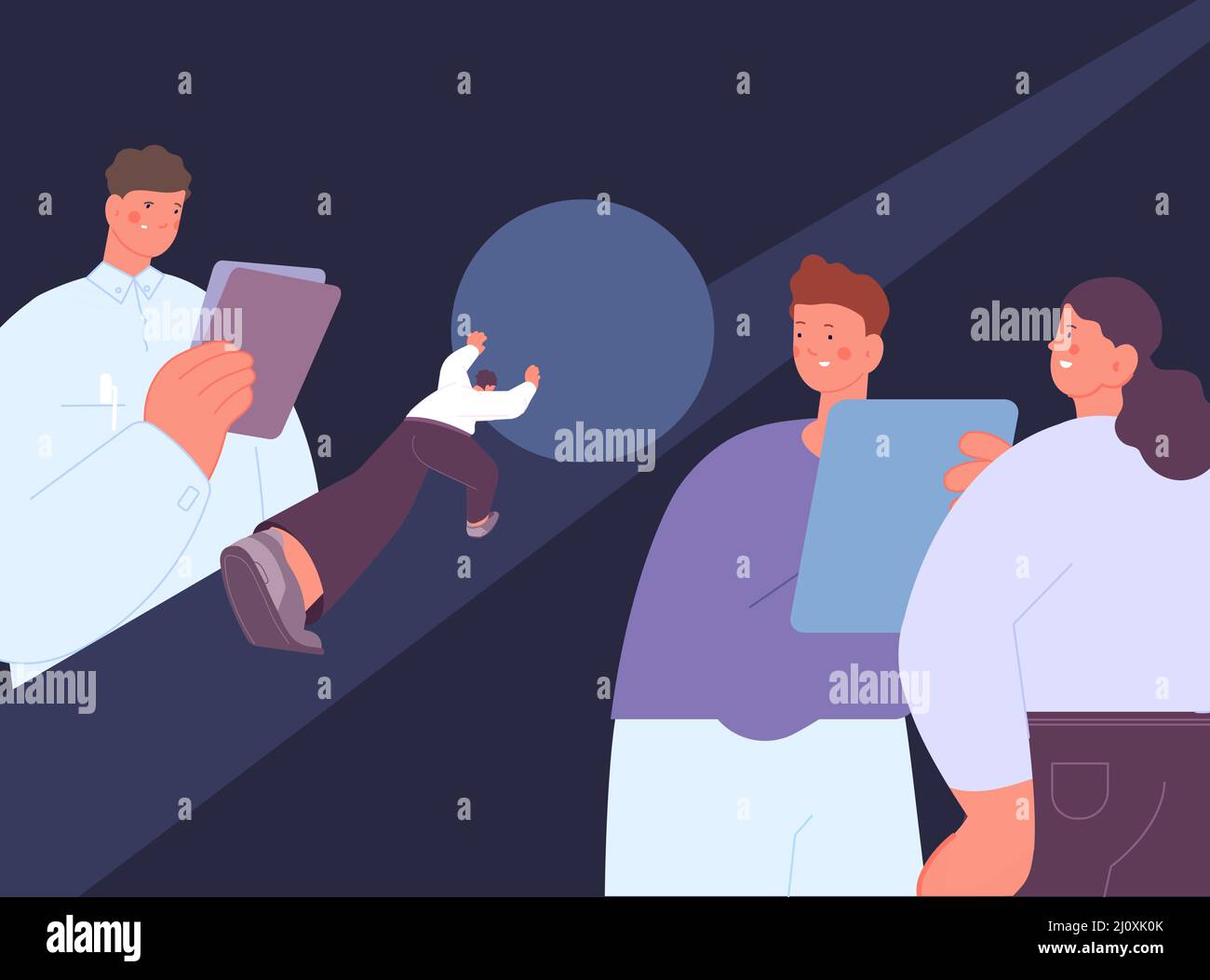 Uomo duro lavoro. Persone in ufficio, colleghi e dipendenti. Implementazione del progetto, i supervisori monitorano il lavoro. Concetto di vettore di sviluppo di carriera di successo Illustrazione Vettoriale