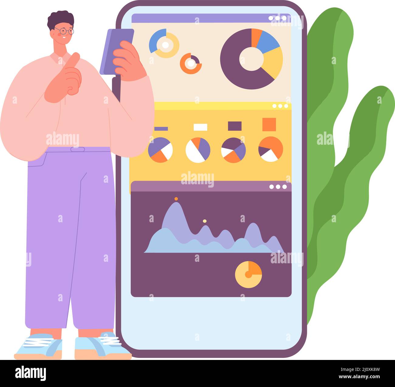 Analisi contabile. Concetto mobile finanziario, uomo intelligente conta e analizza online. Punteggio di credito, bancario o fiscale. Grafici astratti sullo schermo dello smartphone Illustrazione Vettoriale