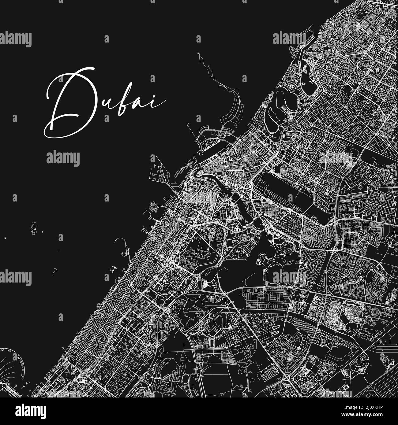 Mappa vettoriale di Dubai. Mappa vettoriale dettagliata dell'area amministrativa della città di Dubai. Paesaggio urbano poster vista aria metropolitana. Illustrazione Vettoriale