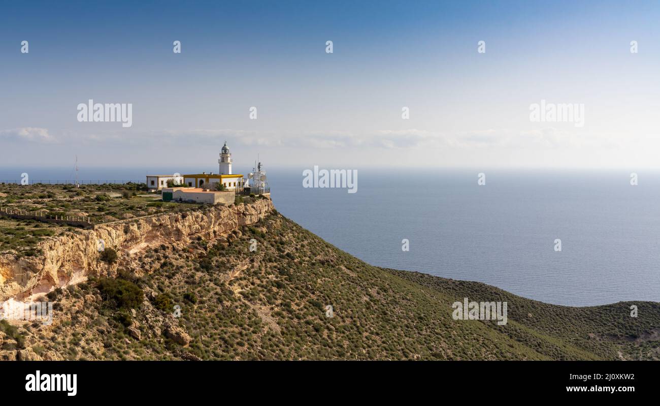 Il faro di Mesa de Rollan nel Parco Nazionale Cabo de Gata nel sud della Spagna Foto Stock