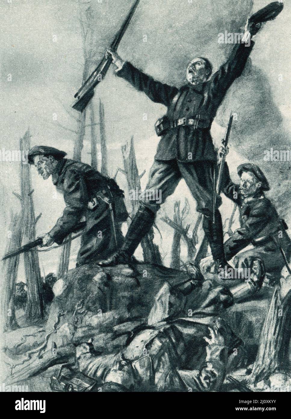 Forze francesi raffigurate a Hartmannsweiler Kopf, Alsazia, Francia durante le battaglie inconcludenti combattute con i tedeschi nel 1915, fotografia in bianco e nero Foto Stock