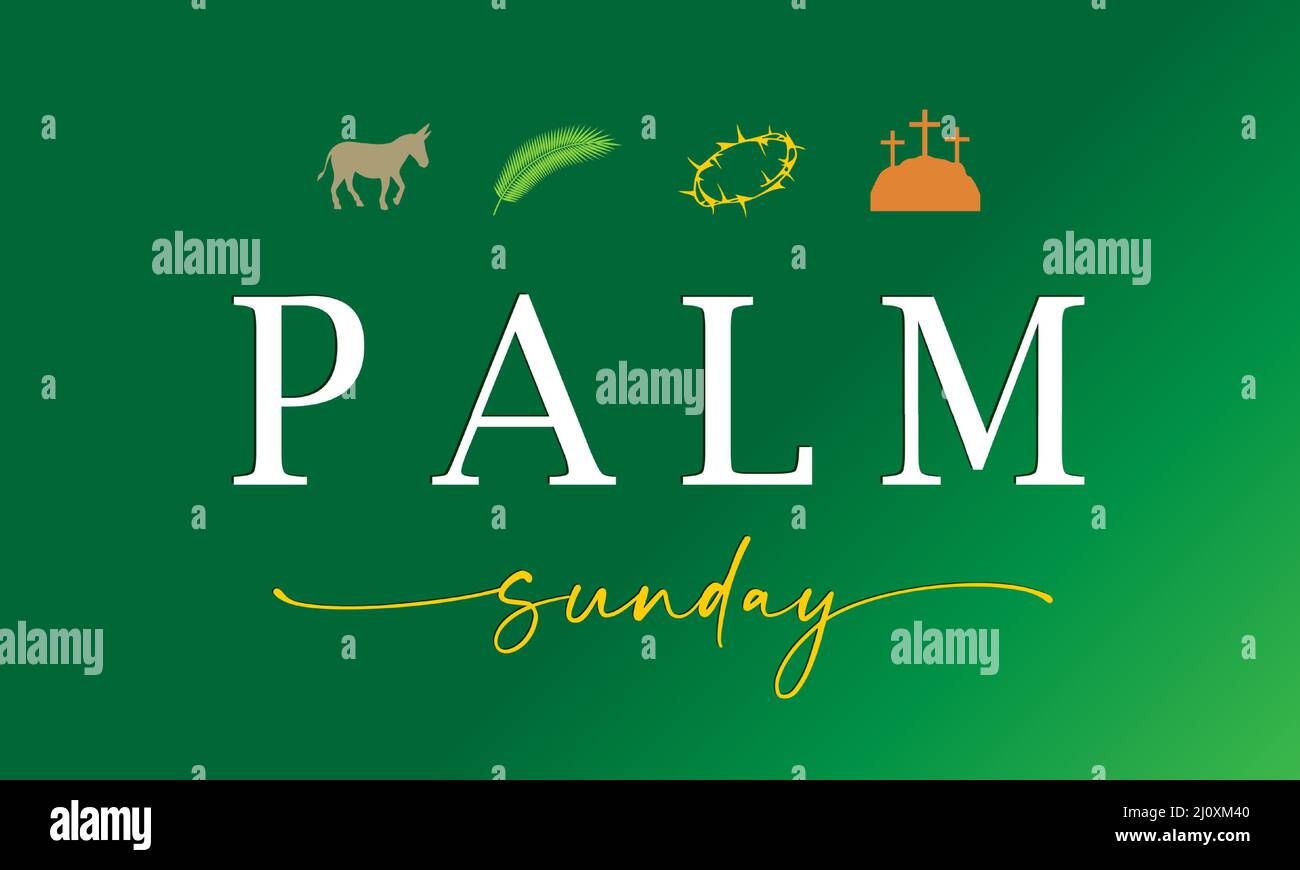 Domenica delle Palme simboli cristiani colore verde biglietto d'auguri. Hosanna nel più alto. Poster cristiano con asino, palma, corona di spine e calvario Illustrazione Vettoriale