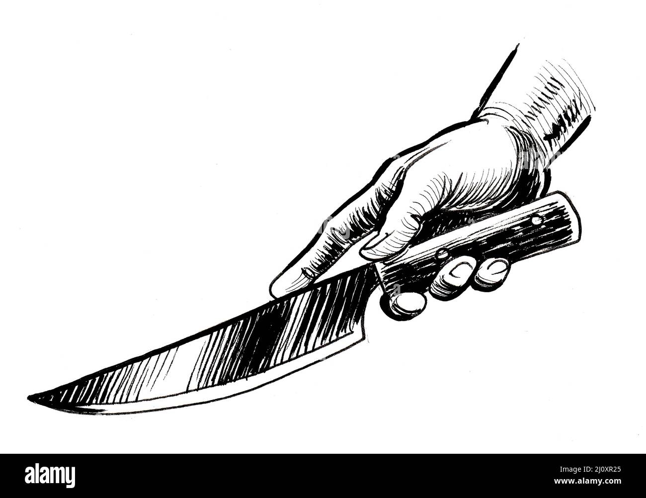 Mano con un coltello. L'inchiostro bianco e nero disegno Foto Stock