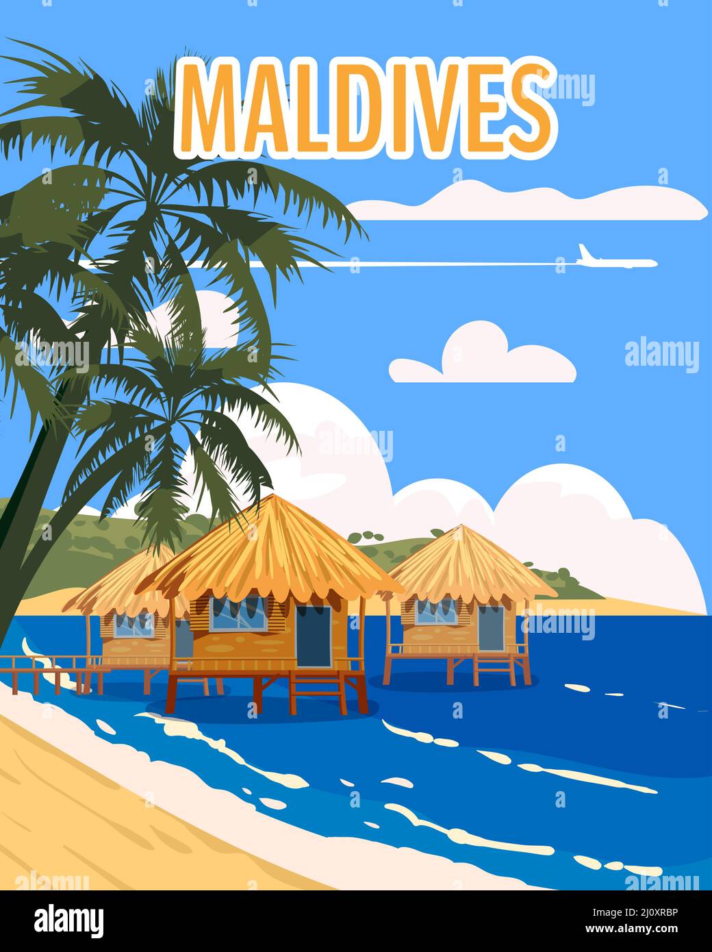 Maldive tropicale resort poster vintage. Spiaggia costa capanne tradizionali, palme, oceano. Vettore di illustrazione stile retrò Illustrazione Vettoriale