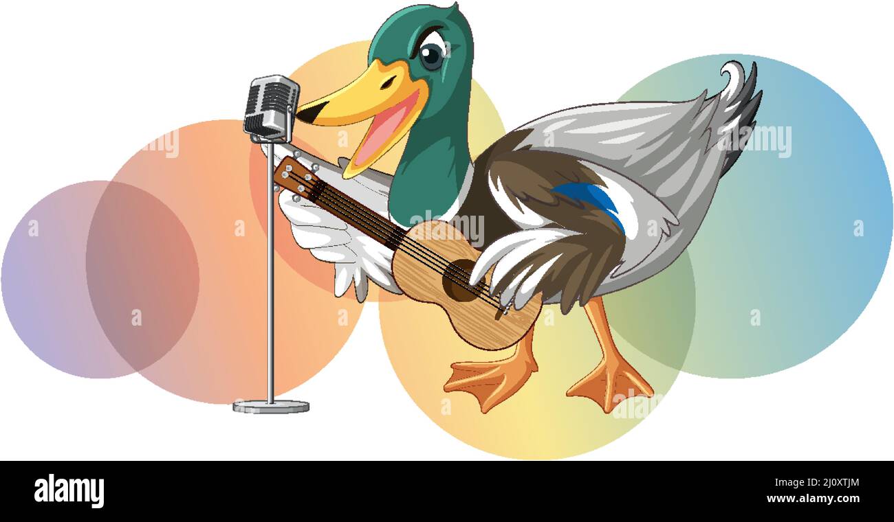 La chitarra anatra suona, ukulele con illustrazione di nota musicale Illustrazione Vettoriale