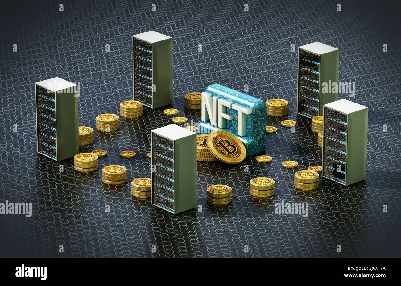 Crypto Coins connette i server di dati con la parola NFT al centro. 3D illustrazione. Foto Stock