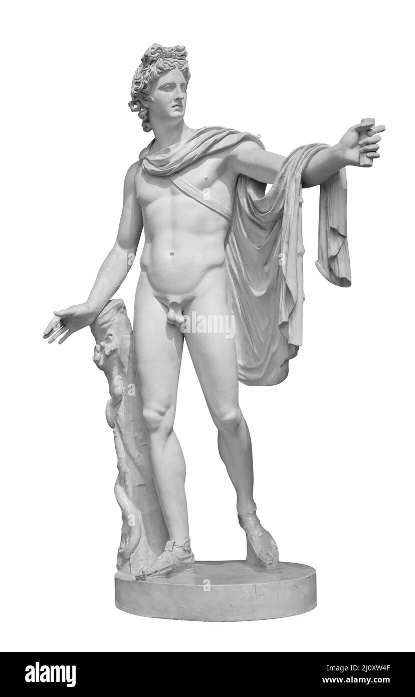 Scultura di Dio Apollo. Antico Dio greco del Sole e Poesia Copia in gesso di una statua di marmo isolata su bianco con sentiero di taglio Foto Stock