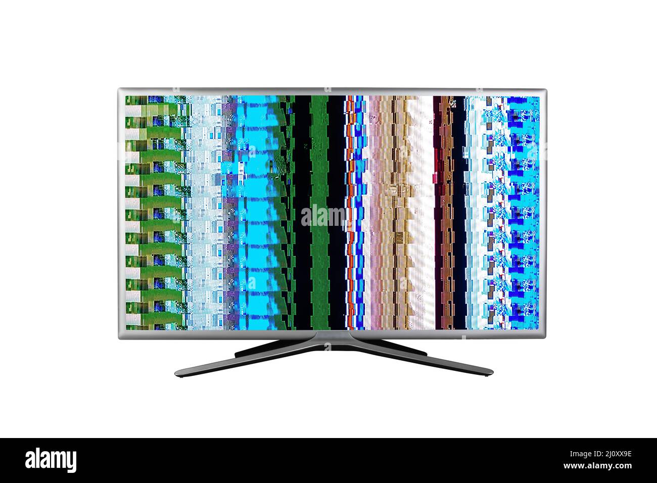 Televisore grigio 4K con sfavillanti digitali Foto Stock