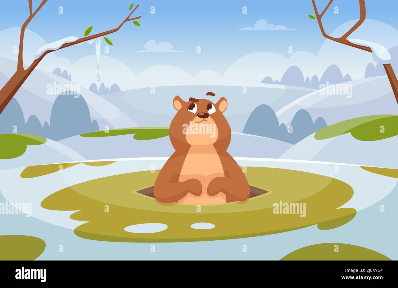 Sfondo Groundhogs. Time loop day concept illustrazione cartoon con carattere animale selvatico groundhog in azione posa modello vettoriale esatto Illustrazione Vettoriale