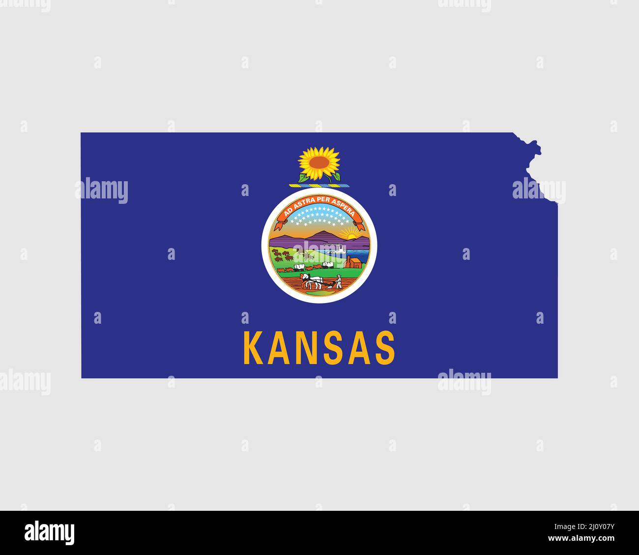 Bandiera della mappa del Kansas. Mappa di KS, Stati Uniti d'America con la bandiera di stato. Stati Uniti, America, America, Stati Uniti d'America, Stati Uniti Banner. Illustrazione vettoriale. Illustrazione Vettoriale