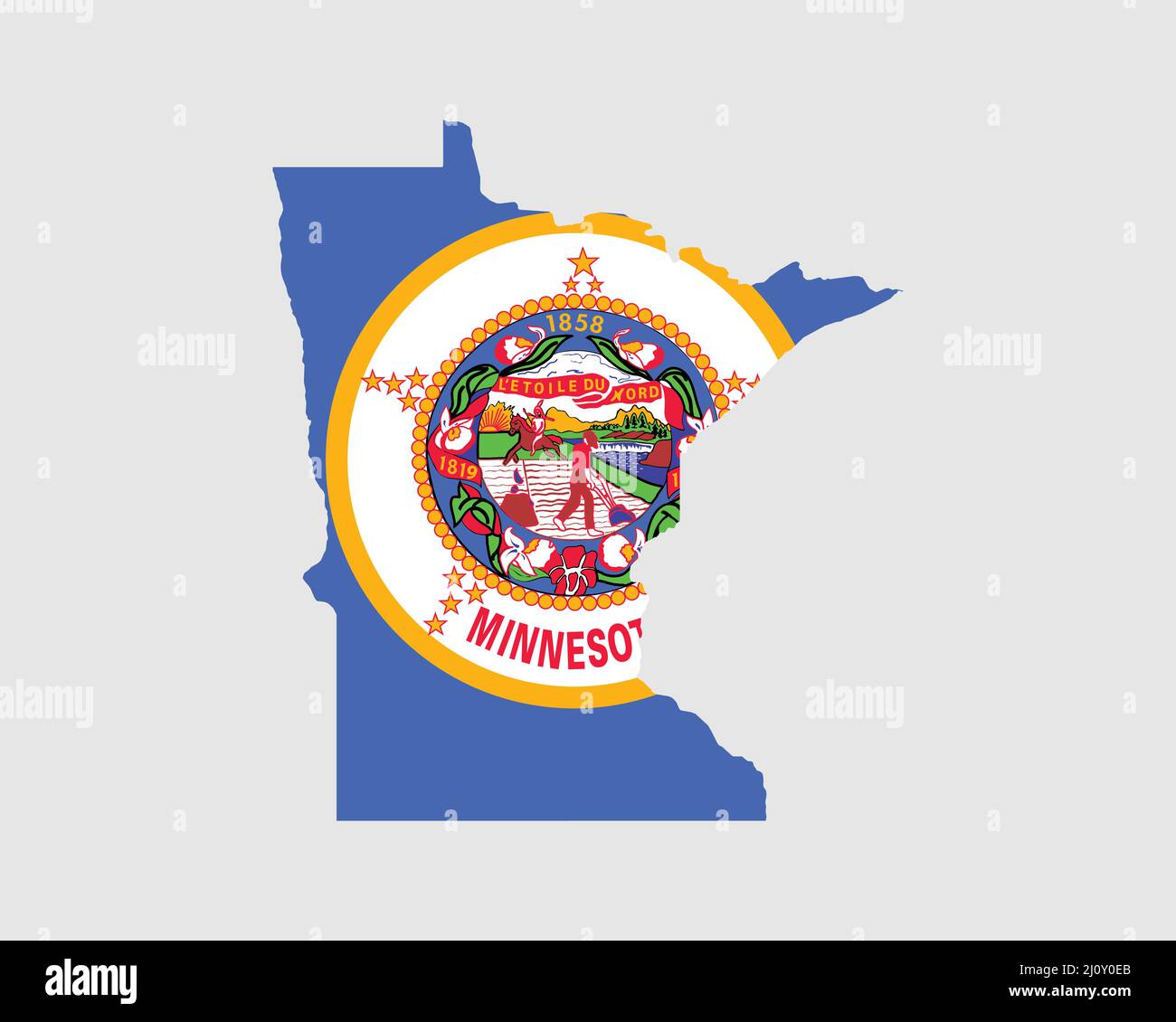 Bandiera della mappa del Minnesota. Mappa del MN, Stati Uniti d'America con la bandiera di stato. Stati Uniti, America, America, Stati Uniti d'America, Stati Uniti Banner. Vettore illustrati Illustrazione Vettoriale